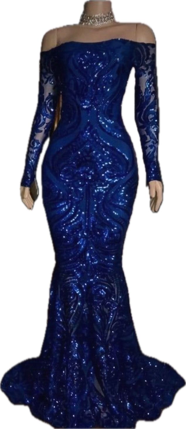 Sparkly Sequined Mermaid Prom Dresses Royal Blue Long Sleeve Graduation Formal Dress Evening Gowns cg7945