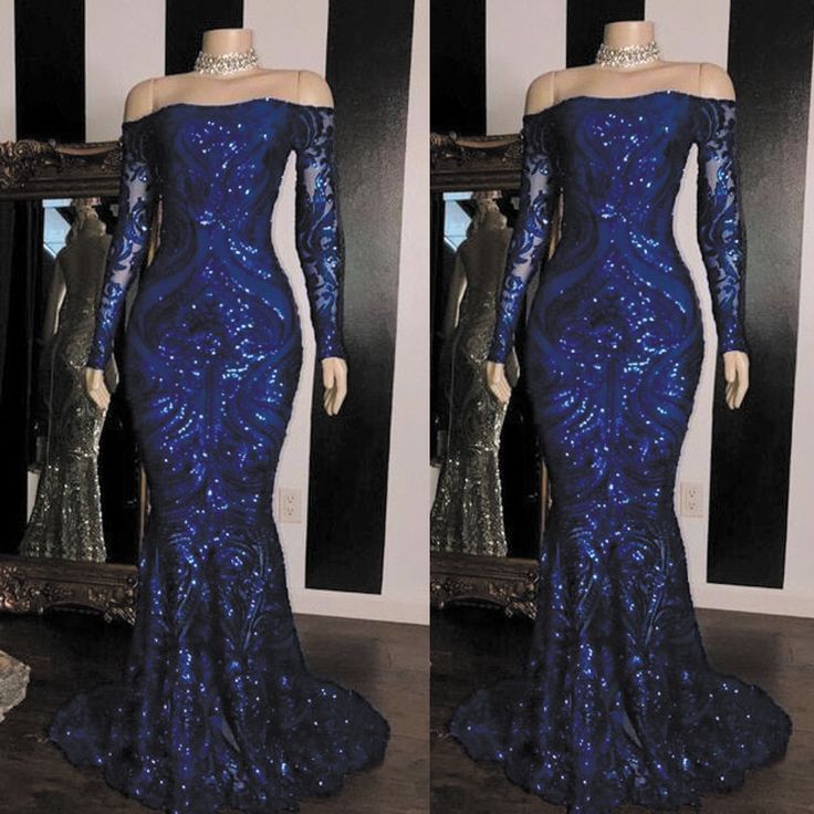 Sparkly Sequined Mermaid Prom Dresses Royal Blue Long Sleeve Graduation Formal Dress Evening Gowns cg7945