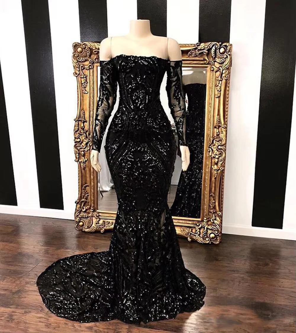 Sparkly Sequined Mermaid Prom Dresses Royal Blue Long Sleeve Graduation Formal Dress Evening Gowns cg7945