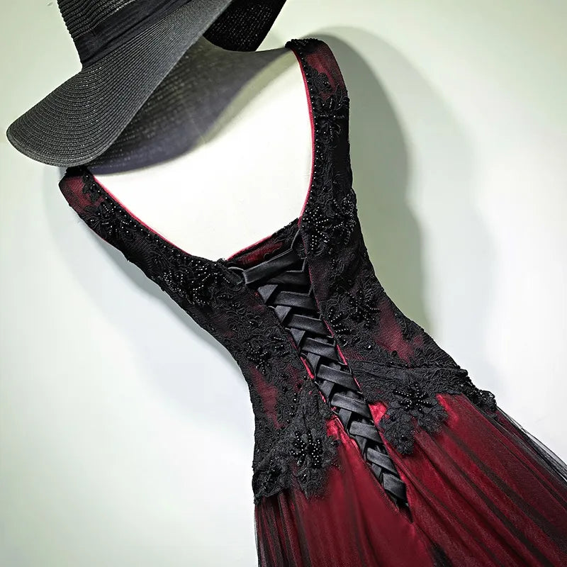 Gorgeous Black And Red V-Neckline Tulle Beaded Prom Dress, Long Evening Gown cg11267