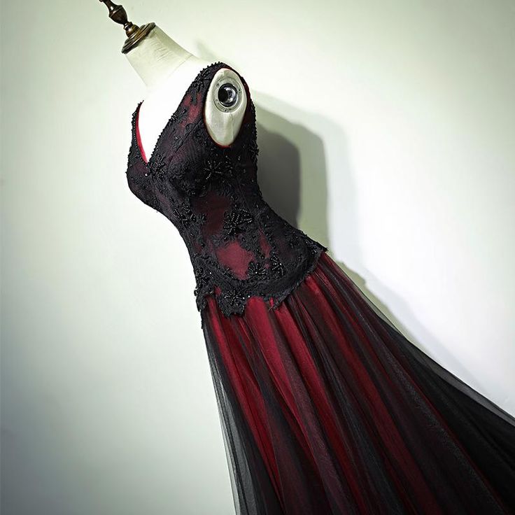 Gorgeous Black And Red V-Neckline Tulle Beaded Prom Dress, Long Evening Gown cg11267