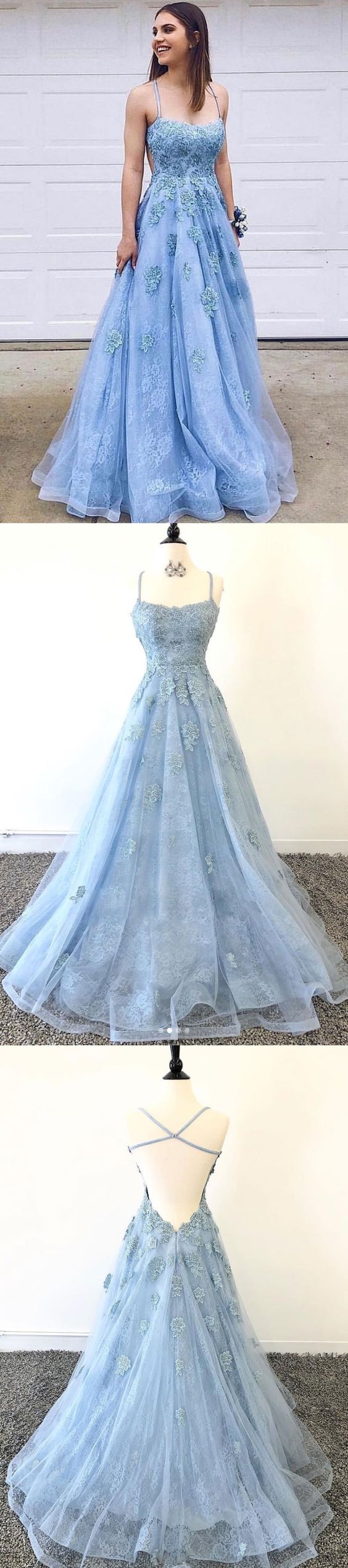 Open Back Prom Dresses with Spaghetti Straps Aline Sky Blue Long Lace Prom Dress cg1033