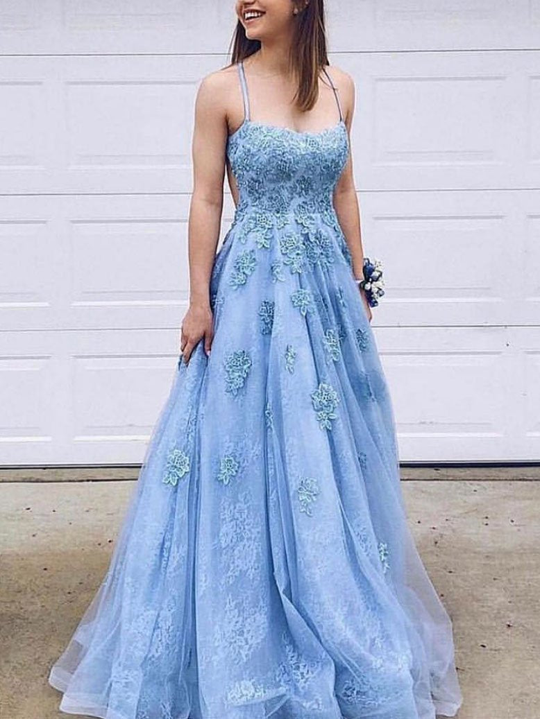 Open Back Prom Dresses with Spaghetti Straps Aline Sky Blue Long Lace Prom Dress cg1033