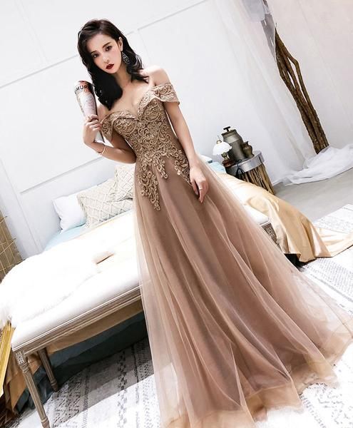 Champagne tulle off shoulder long prom dress, tulle evening dress cg1088