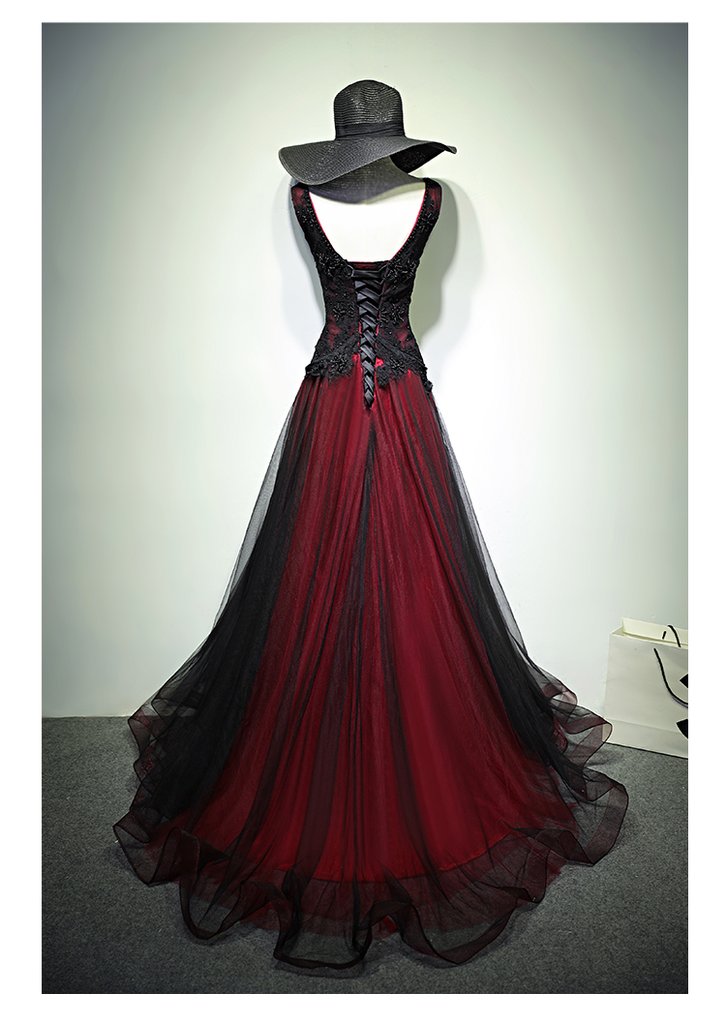 Gorgeous Black And Red V-Neckline Tulle Beaded Prom Dress, Long Evening Gown cg11267