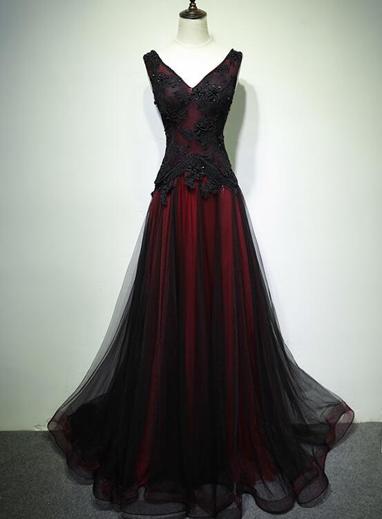 Gorgeous Black And Red V-Neckline Tulle Beaded Prom Dress, Long Evening Gown cg11267