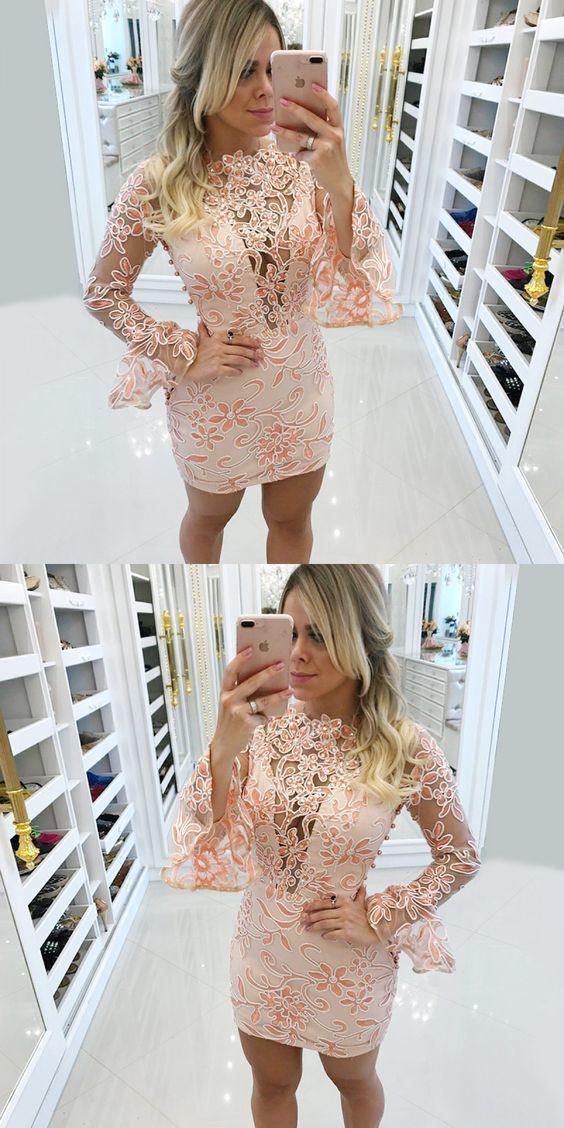 Sheath Jewel Flare Sleeves Pink Homecoming Dress with Lace cg1152