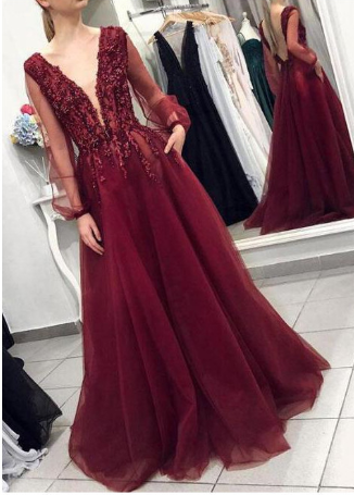 Elegant Deep V-neck Burgundy Backless Prom Dress With Long Puff Sleeves cg1164