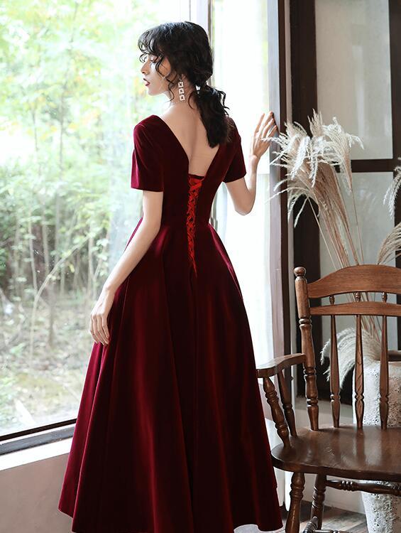 Wine Red Tea Length Short Sleeves Vintage Style Party Dress, Velvet Bridesmaid Dress Prom Dress cg12524