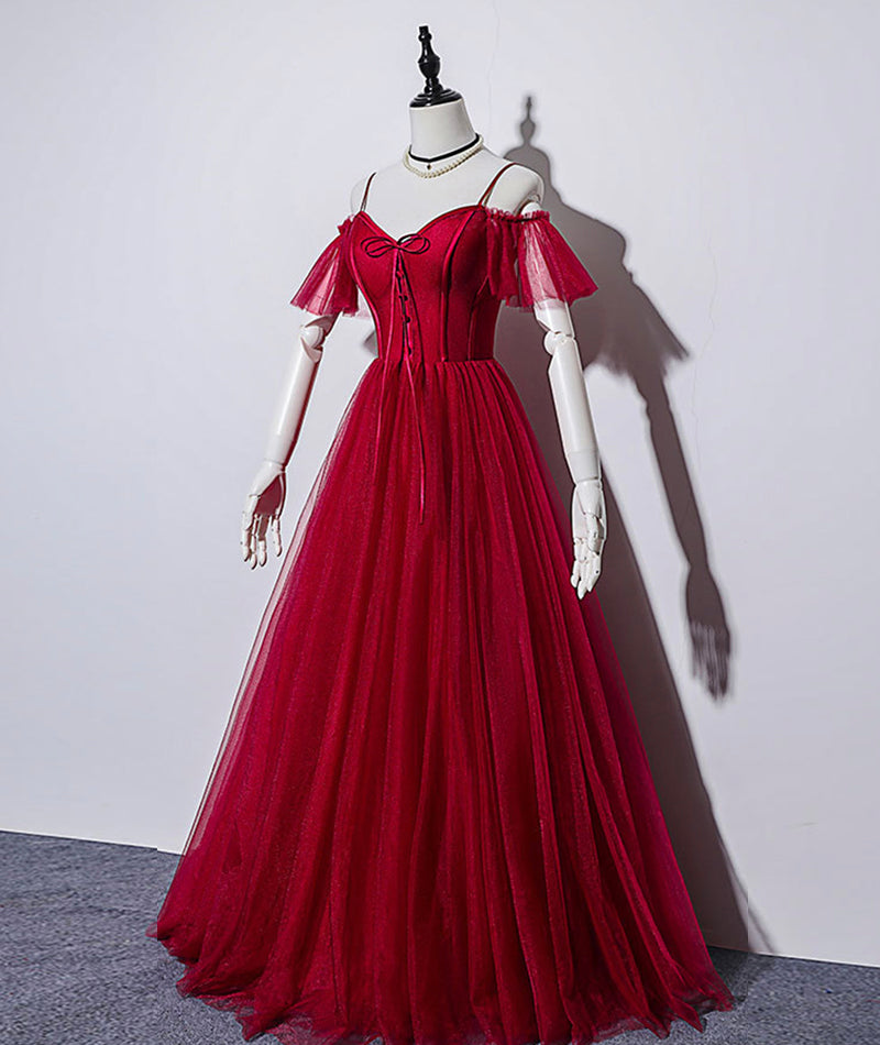 BURGUNDY TULLE LONG PROM DRESS EVENING DRESS cg12932