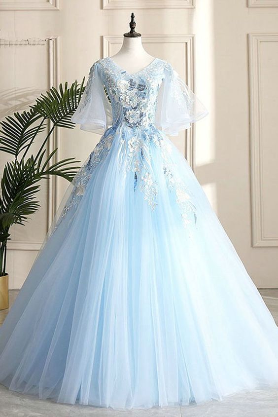 Floor Length Blue Evening Party Dress School V-neck Lace Flowers Lace-up Back Fashionable Prom dress cg12942