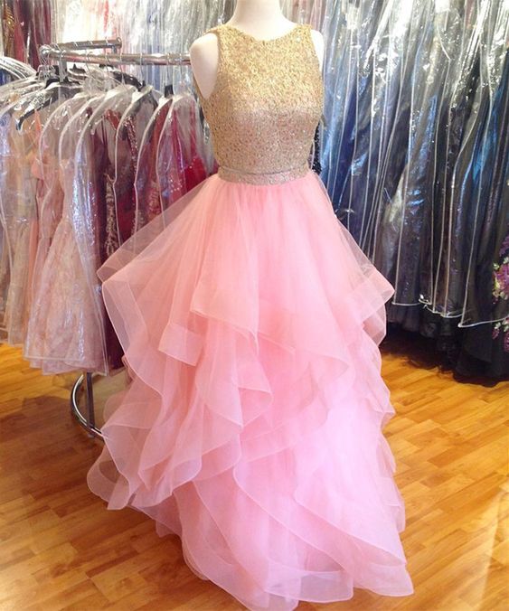 pink prom dress,two piece prom dress,ruffles dress,ball gowns dress,prom dresses cg12945