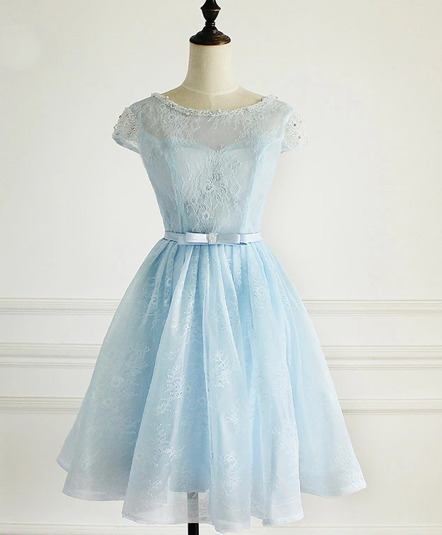 Light Blue Lace Cap Sleeves Cute Short Party Dress, Blue Homecoming Dress cg12963