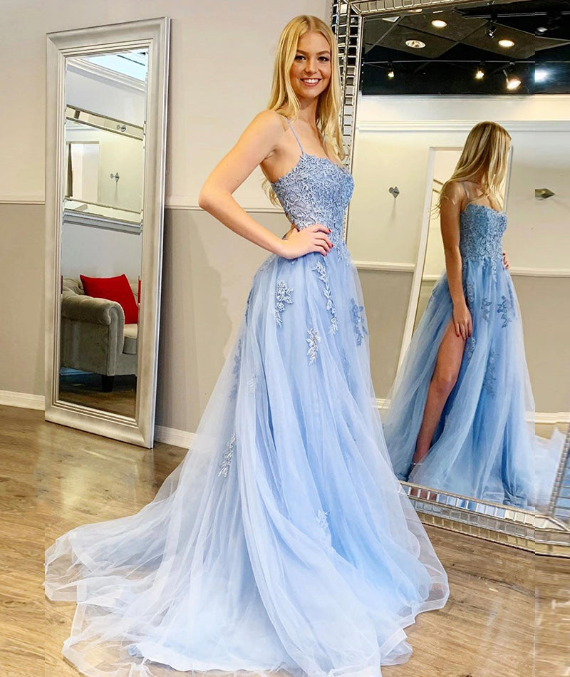 BLUE SPAGHETTI STRAPS LONG TULLE APPLIQUES PROM DRESSES cg12967