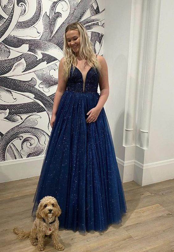 Blue v neck tulle sequins long ball gown dress Prom Dresses cg12973
