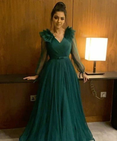 Elegant A Line Tulle Long Prom Dress, Long Sleeve Evening Dress cg12974
