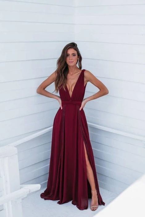 Deep v neck long prom dress with split cg13003
