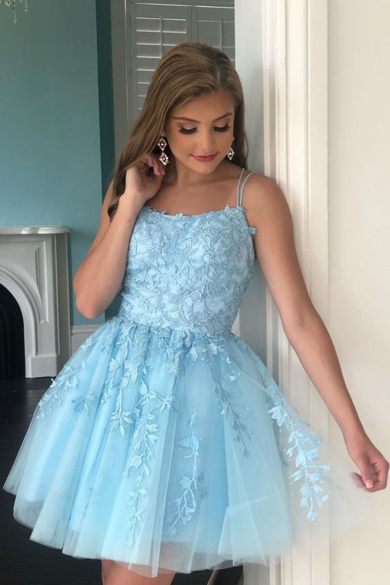 Straps Lace Applique Blue Homecoming Dress cg13048