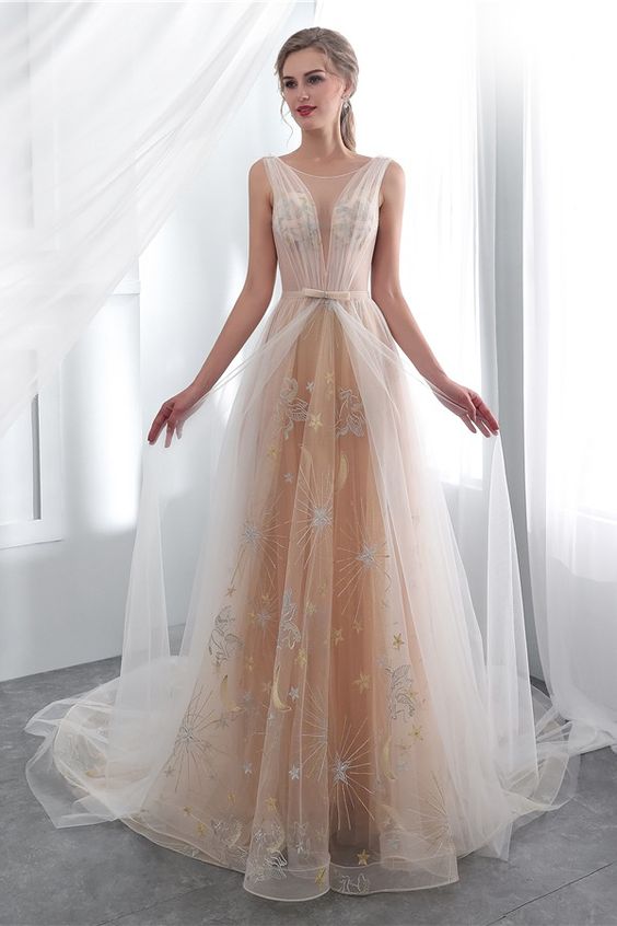 Classic Champagne Tulle Backless Long Prom Dress cg13049