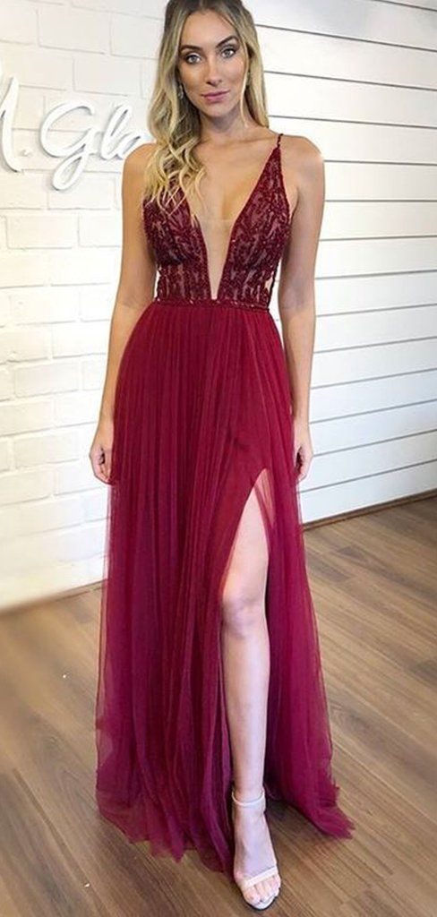 V-neck Beaded Long A-lie Tulle Side Slit Prom Dresses cg13061