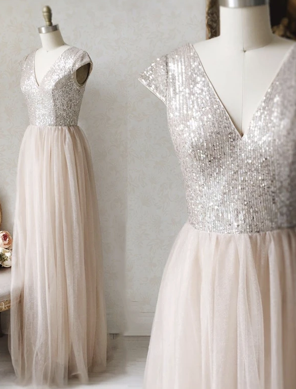 A line v neck tulle sequins long prom dress evening dress cg13072