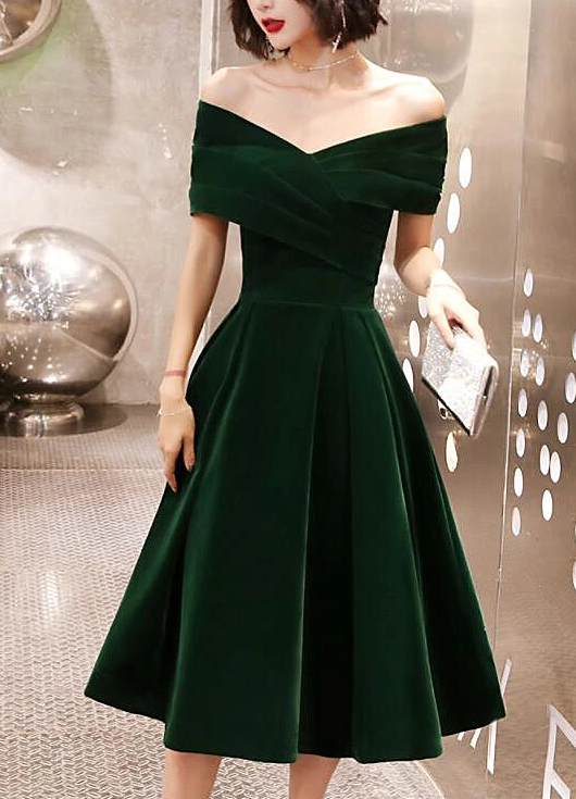 Green Tea Length Velvet Off Shoulder Party Dress, Green Bridesmaid Dress prom dress evening dress cg13073