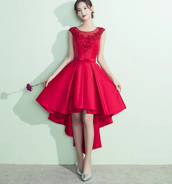 Lovely Satin High Low Round Neckline Party Dress, Red Homecoming Dress cg13074