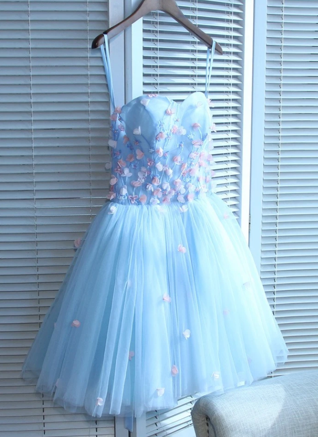 Light Blue Sweetheart Short Handmade Party Dress, Blue Flowers Homecoming Dress cg13080