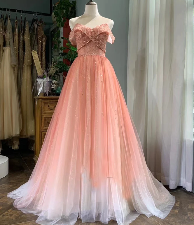Beautiful Pink Tulle Gradient Beaded Off Shoulder Party Dress, Pink Prom Gown cg13081