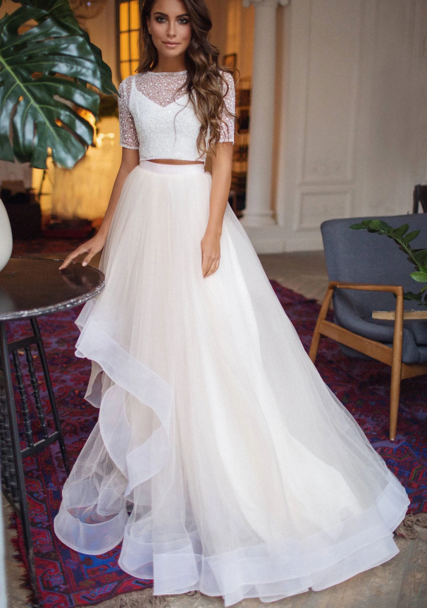 Beige two pieces tulle long prom dress beige formal dress cg13085