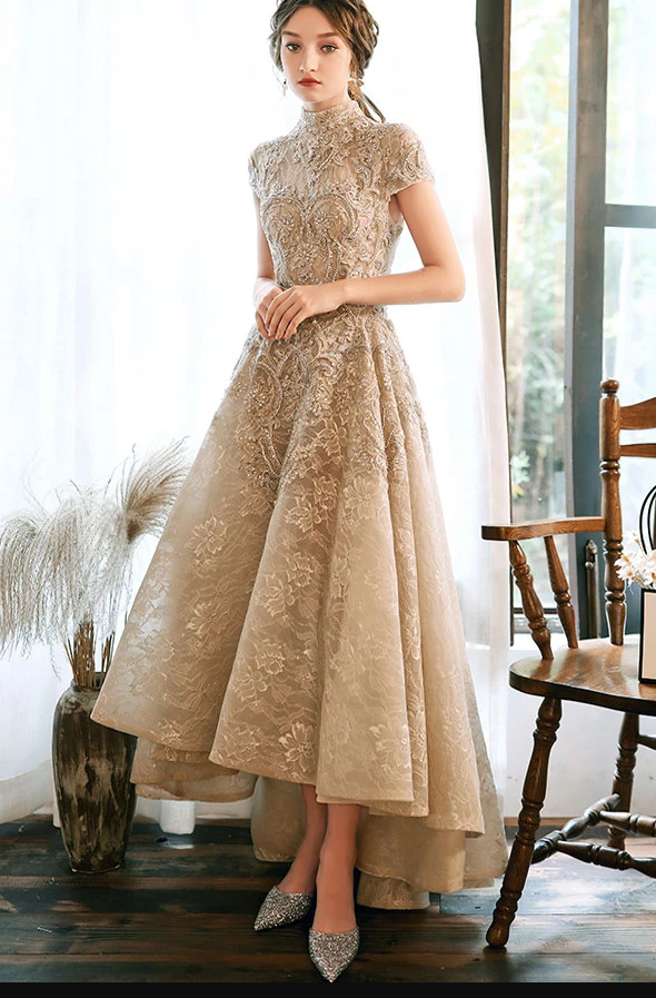 LIGHT CHAMPAGNE LACE SATIN PROM DRESS CHAMPAGNE EVENING DRESS cg13087