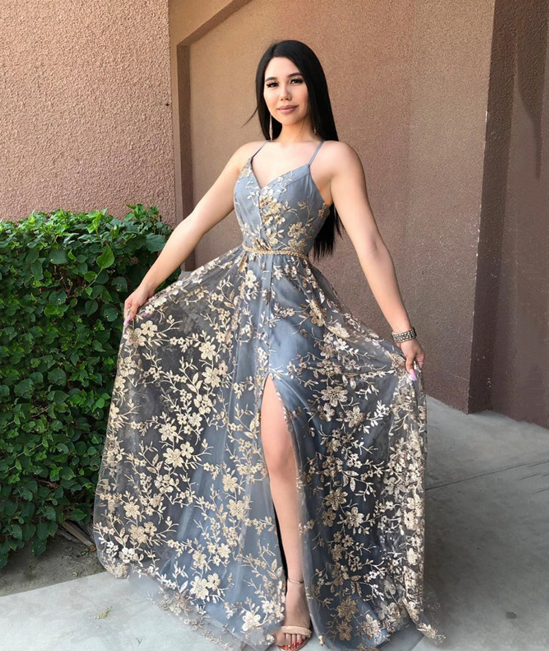 GRAY V NECK TULLE LONG PROM DRESS EVENING DRESS cg13088