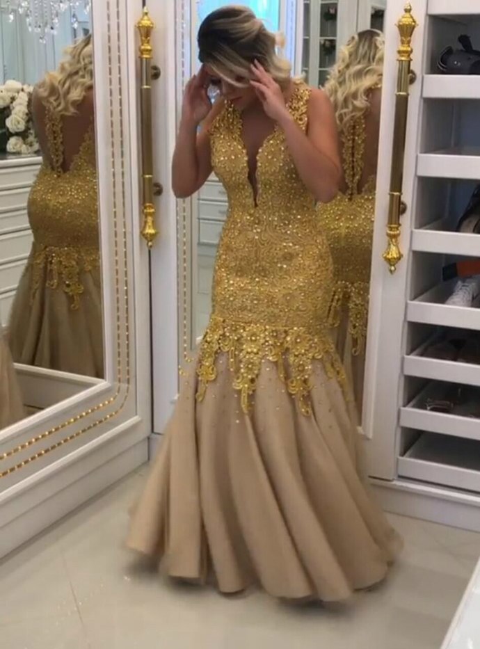 Illusion Back V-Neck Formal Long prom Dress with Gold Lace-Appliques cg13098
