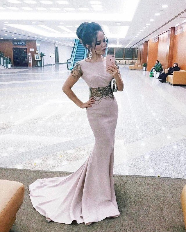 Short-Sleeves Open Back Long Formal Dress with Sheer Waist prom Dress cg13099