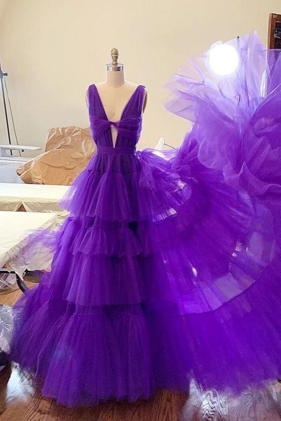 Purple tulle long prom dress, purple tulle evening dress cg13103