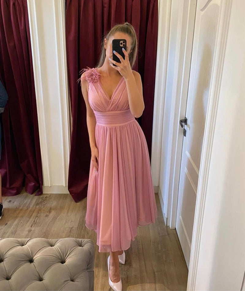 PINK V NECK TULLE SHORT PROM DRESS PARTY DRESS cg13106