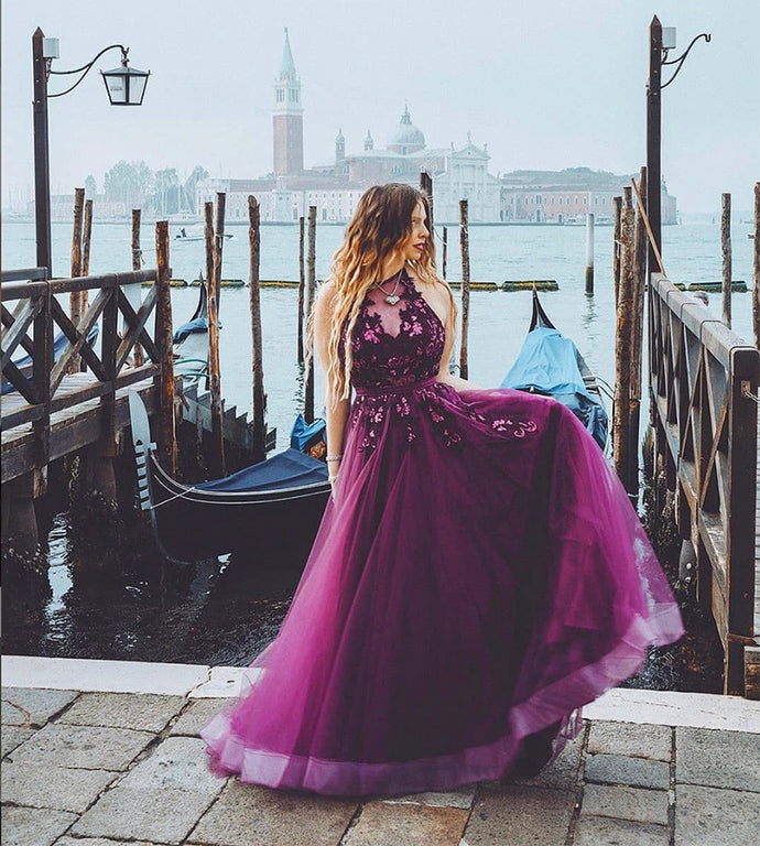 Purple lace sequins long prom dress evening dress cg13113