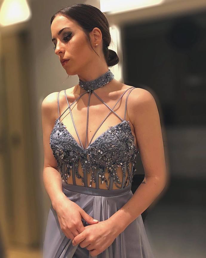 Unique Split Slit Halter Long Prom Dress, Sleeveless Beaded Evening Dress cg13123