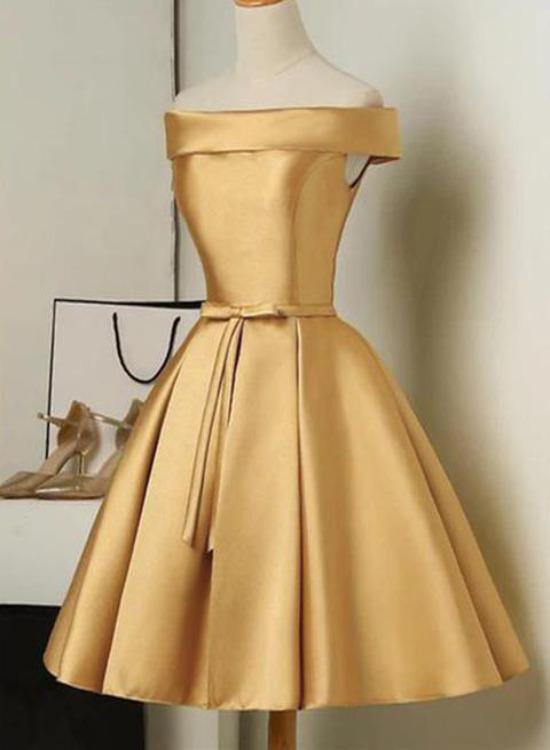 Cute Golden Satin Knee Length Off Shoulder Dress, Short Homecoming Dress cg13132