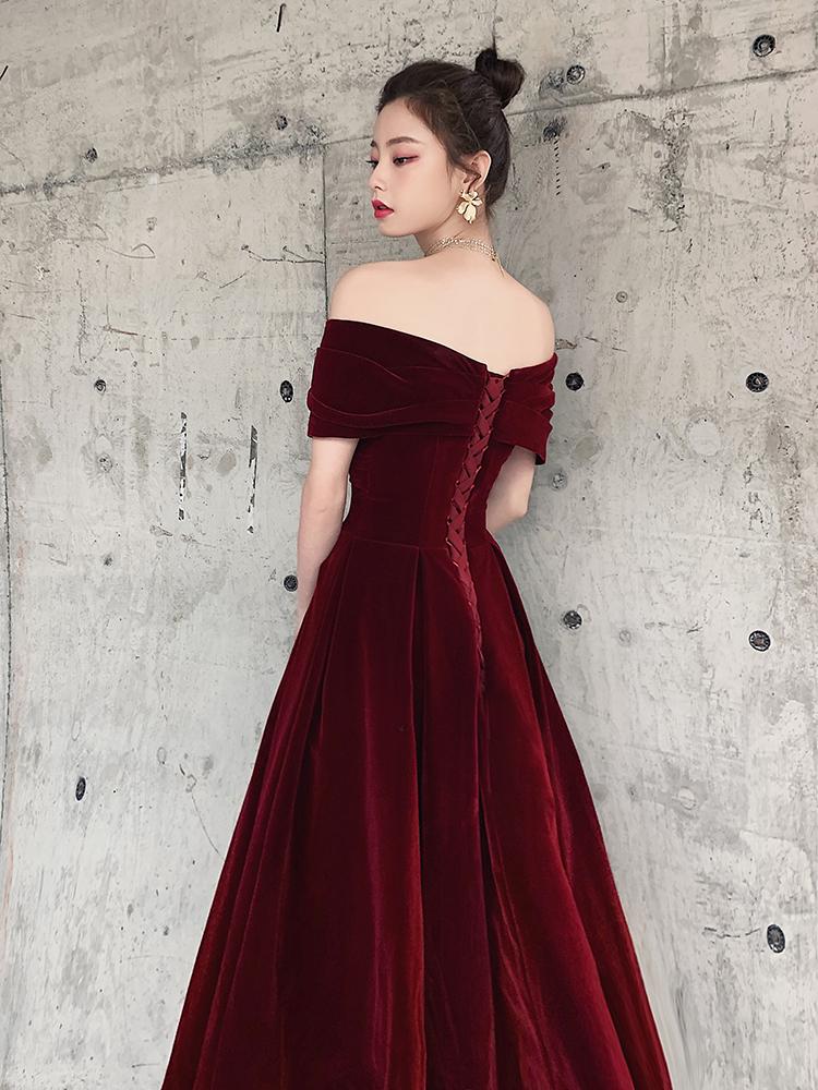 Elegant Velvet Burgundy Long Party prom Dress, A-Line Evening Gown cg13133