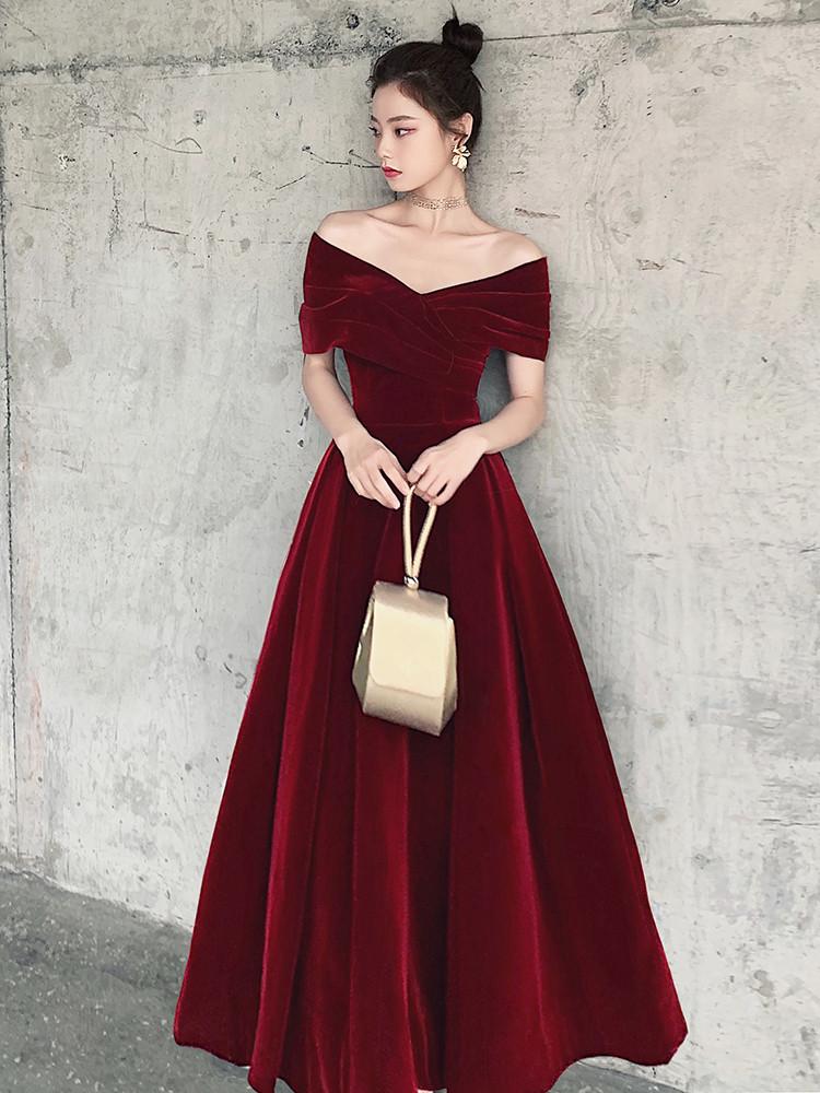 Elegant Velvet Burgundy Long Party prom Dress, A-Line Evening Gown cg13133