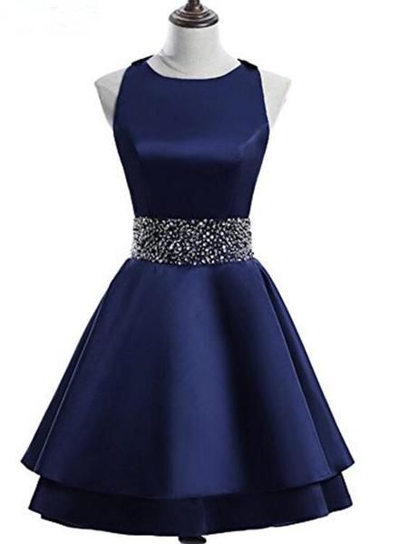 Navy Blue Satin Layers Cross Back Homecoming Dress cg13148