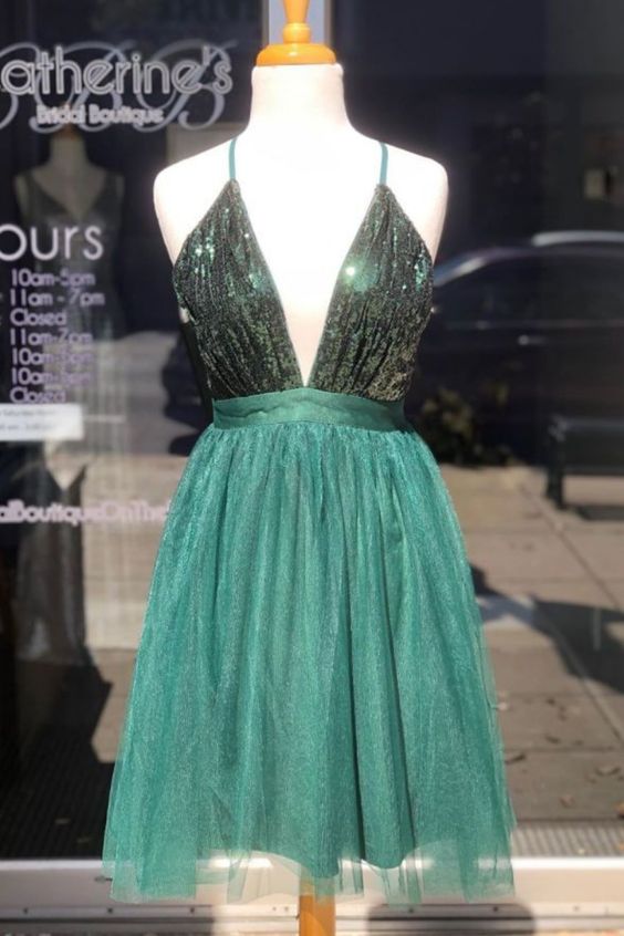 Hunter Green Sequins and Tulle Short Homecoming Dress cg13155