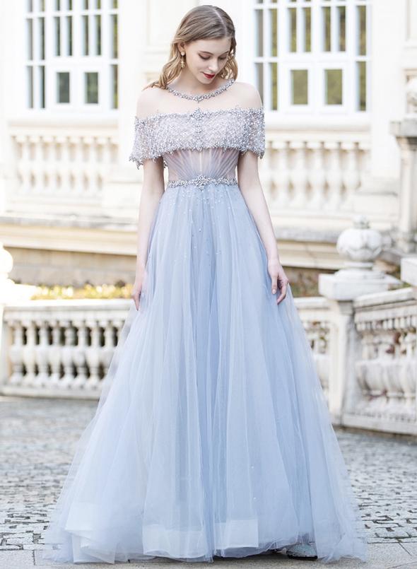 Gray tulle beads long prom dress evening dress cg13172