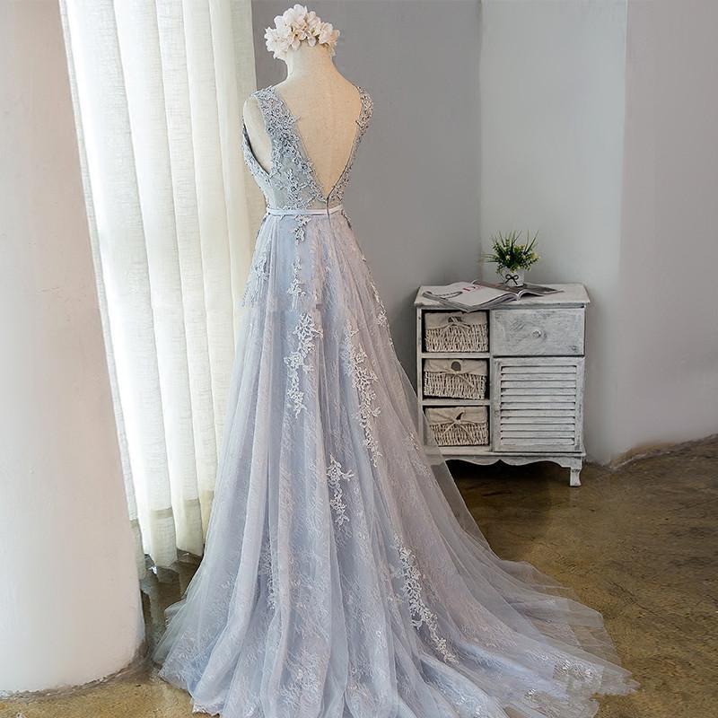 Beautiful Light Grey Tulle Backless Long Party Dress, A-Line Junior Prom Dress cg13177