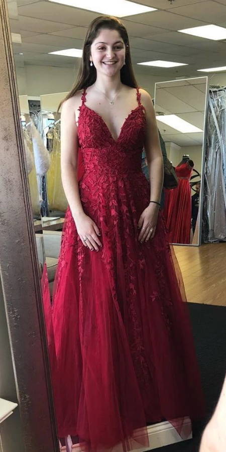 A-line long prom dress, red lace long prom dress cg13186