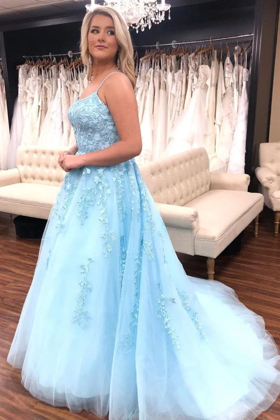 A-line light blue long prom dress with spaghetti straps cg12187