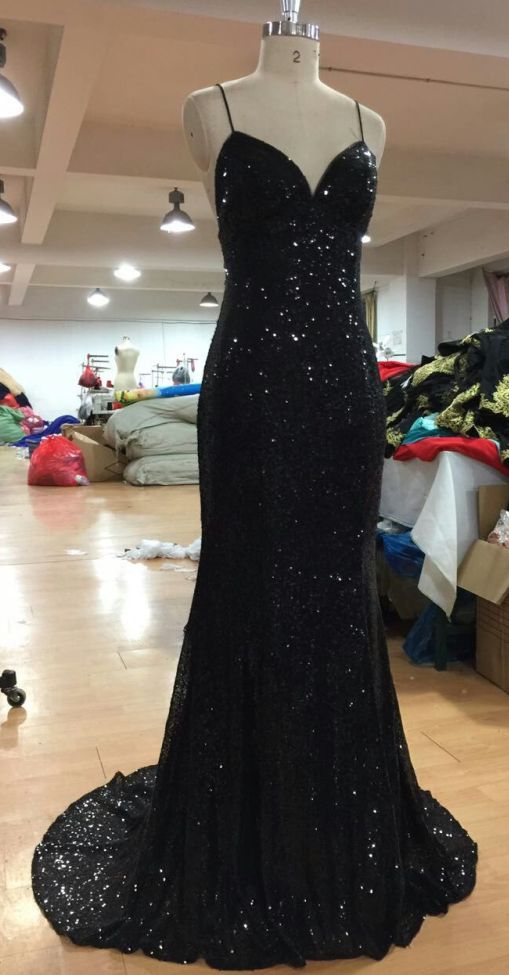 V Neckline Criss-Cross Backless Bling Bling Mermaid Prom Dress black Sequins Evening Dresses cg13192