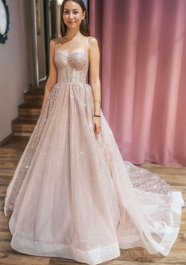 Champagne sweetheart tulle sequin long prom dress tulle formal dress cg13210
