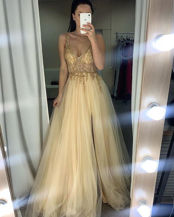 V-neck Beading Bodice Champagne Tulle Prom Dress with Slit cg13216
